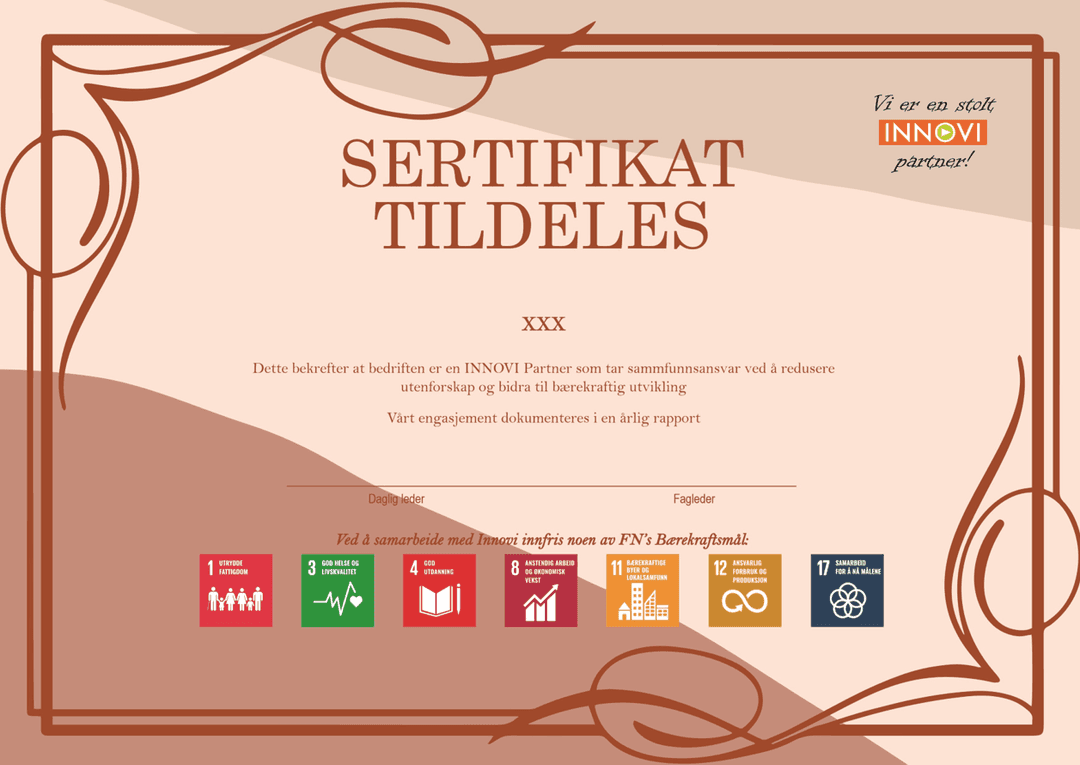 INNOVI certificate awarded to Renhold Bjerke AS — confirming social responsibility and contribution to the UN Sustainable Development Goals